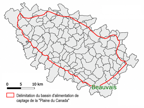 Carte du territoire d'étude, le bassin d'alimentation de captage de la "Plaine du Canada" pour la ville de Beauvais